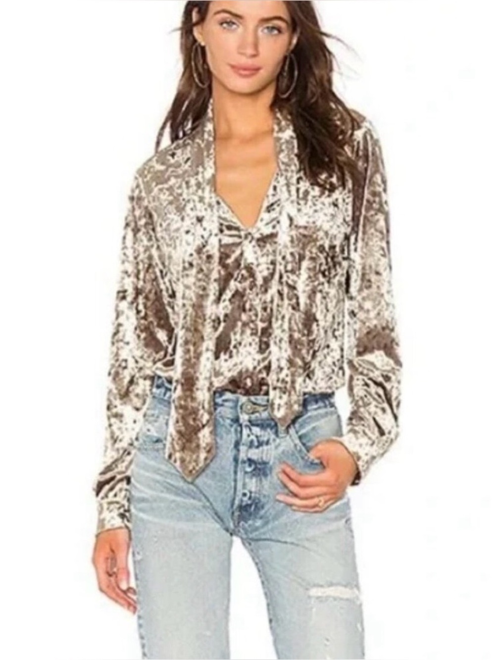 L’Agence Velvet Tie-Neck Blouse in Olive/Taupe size large